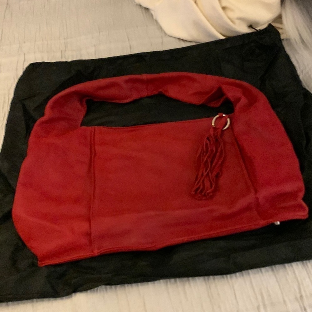 Maxon Collection Red Suede Tassel Hobo Shoulder Bag, Boho Chic Slouchy Handbag